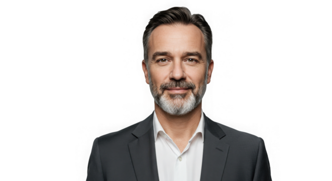 Focused professional portrait of a mature man wearing dark jacket on transparent backdrop