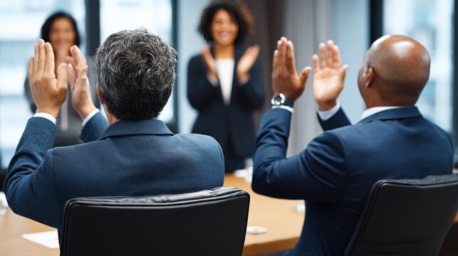 Businesspeople in a meeting raising their hands during a professional discussion