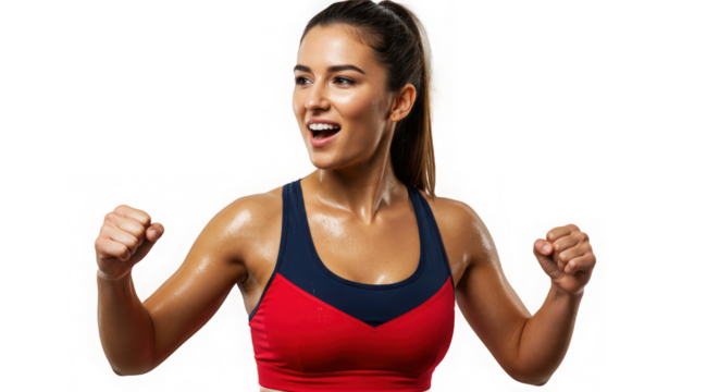 Focused woman sprints forward with determination, set against a bright, neutral outdoor background.