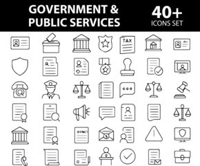 Government and Public Services Line Icon Set, Editable Vector Icons for Institutions, Civic Services, and Administration

