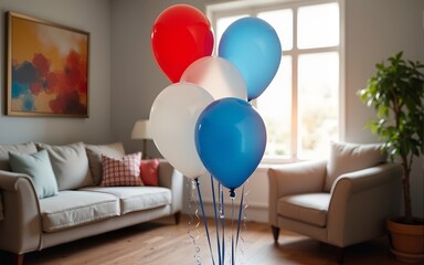 Festive red white and blue balloons indoors in cozy living room setting. High quality