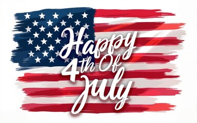 Happy Independence Day greeting card with brush stroke background in United States national flag colors and hand lettering text Happy 4th of July. Vector illustration. High quality