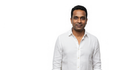 Portrait of a serious man in a white shirt against a transparent background feeling content.