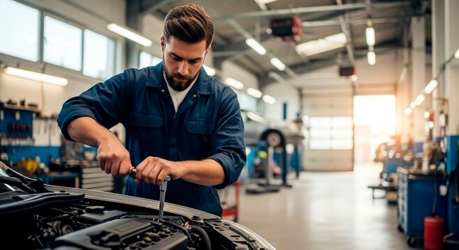 Mechanic working on car engine in auto repair shop with tools and equipment in the background garage area