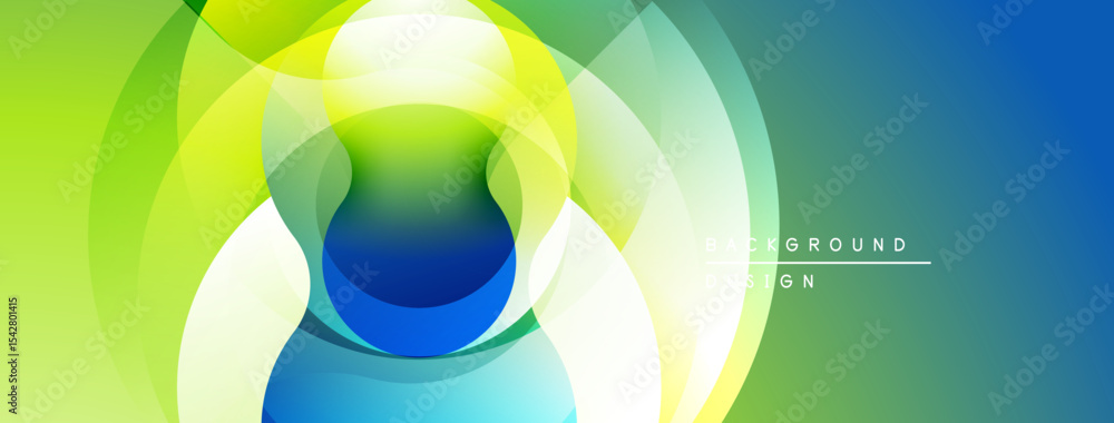 Poster Abstract background features overlapping circles. Vibrant green, yellow, blue hues create dynamic visual effect. Smooth gradients present modern design.