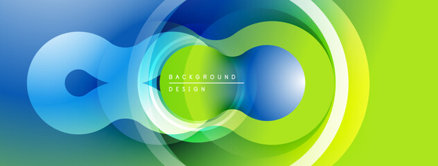Abstract design features flowing shapes, vibrant blue, green hues. Modern composition creates dynamic visual effect.