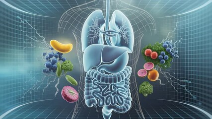 Human digestive system 3 d animation with healthy foods