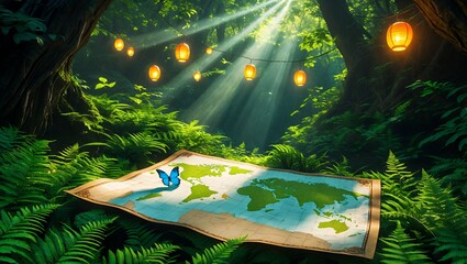 World Map and Butterfly in Forest with Sunlight and Lanterns