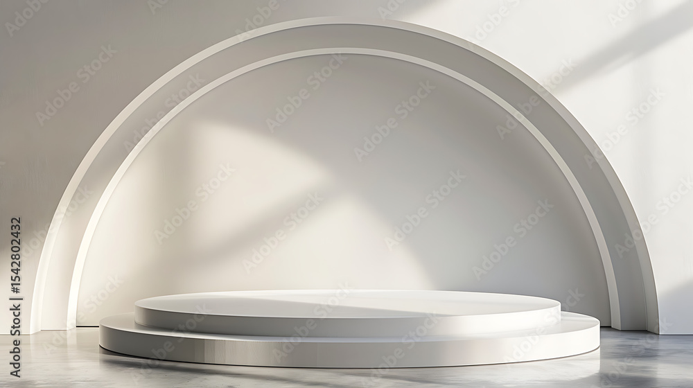 Poster minimalist white podium with curved backdrop illuminated by soft sunlight creating a serene and mode