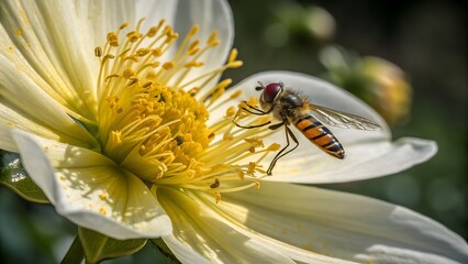 Hoverfly on White Flower Pollinating Blossom