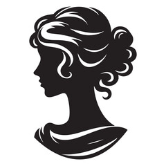 A black and white vector silhouette of a romantic cameo design with vintage charm on a white background.