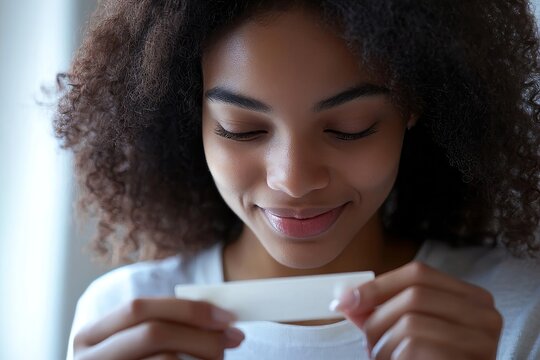 Close-up of a young woman checking a pregnancy test, excited or anxious about the positive result., Generative AI