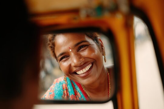 Happy Woman Adjusting Bindi in Tuk Tuk Rearview Mirror with Smile