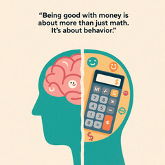 A brain and a calculator, with the caption "Being good with money is about more than just math, it's about behavior." This suggests that financial success is not just about having the right numbers, b