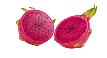 Vibrant red dragon fruit cut in half against a dark background, closeup