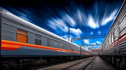 Naklejka premium Modern passenger trains run on railway tracks under a vibrant blue sky with dynamic cloud formations