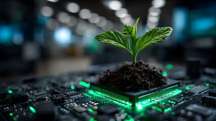 Nachhaltigkeit trifft Technologie: Pflanze wächst auf Computerchip
