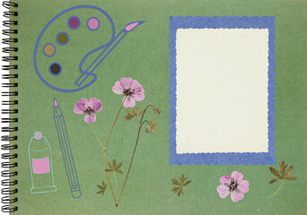 Scrapbook composition with flowers elements, brush, palette, pencil, tube and photo frame. Page for stories. Layout photo album with empty photo frames. Page from an old photo album. Flowers geranium.