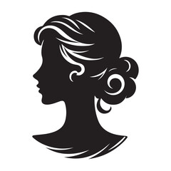 A black and white vector silhouette of a romantic cameo design with vintage charm on a white background.