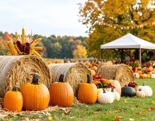 Autumn Harvest Scene With Pumpkins And Hay Bales