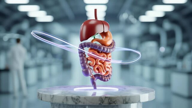Human digestive system 3 d model rotating on platform