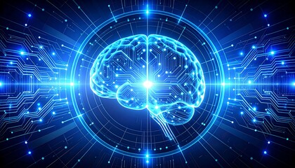 Fototapeta premium A futuristic cybernetic brain interface glows with blue neural connections inside a circular matrix.