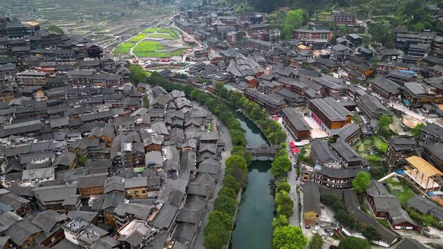 Guizhou, China-APR 06, 2025- Xijiang Miao Village, also known as Xijiang Qianhu Miao Village, is the largest Miao ethnic village in the world, located in Guizhou, China.
