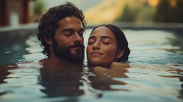 Couple embracing in a mountain resort pool at sunset