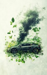 Dark smoke from a dark green sports car surrounded by green leaves