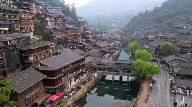 Guizhou, China-APR 06, 2025- Xijiang Miao Village, also known as Xijiang Qianhu Miao Village, is the largest Miao ethnic village in the world, located in Guizhou, China.