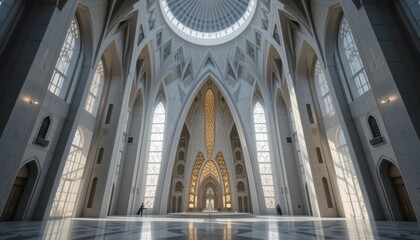Fototapeta premium Hypermodern mosque with geometric patterns and light captured in a bright, spacious interior.