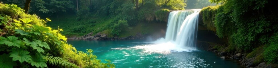 Fototapeta premium Sunlit cascade plunges into emerald pool, lush ferns , waterfall, scenic, untouched