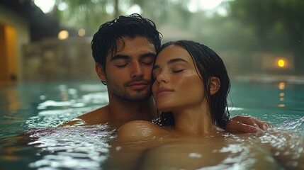 Couple embracing in a tropical hot tub, lush spa background