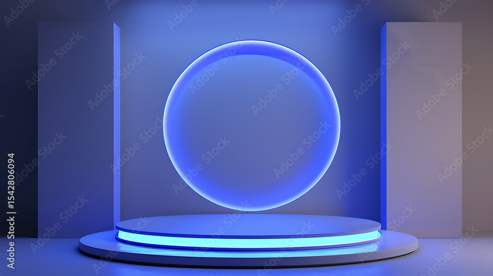 Poster a glowing blue circle hovers above a round platform in a minimalist studio setting with geometric sh