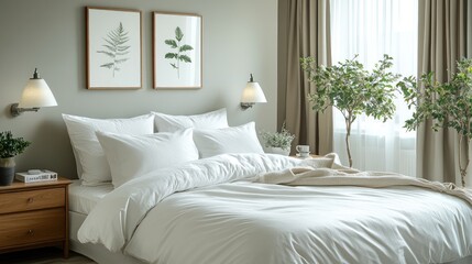 Cozy bedroom interior with plants and art