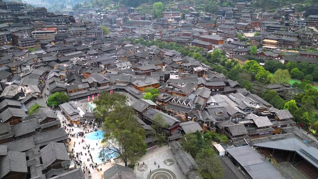 Guizhou, China-APR 06, 2025- Xijiang Miao Village, also known as Xijiang Qianhu Miao Village, is the largest Miao ethnic village in the world, located in Guizhou, China.