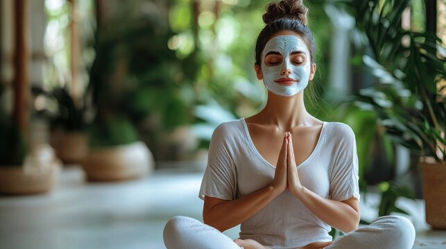 Woman meditating with facial mask, concept of inner peace and outer care - Powered by Adobe