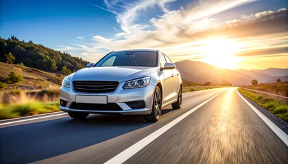 Silver car speeds along a scenic highway at sunset offering a sense of freedom and adventure.