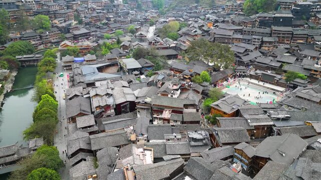 Guizhou, China-APR 06, 2025- Xijiang Miao Village, also known as Xijiang Qianhu Miao Village, is the largest Miao ethnic village in the world, located in Guizhou, China.