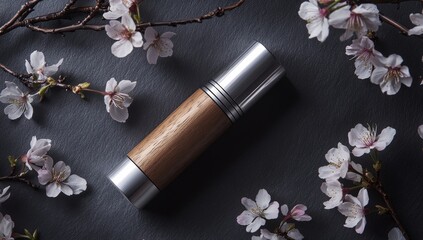 Aromatic bottle surrounded by cherry blossoms on dark stone