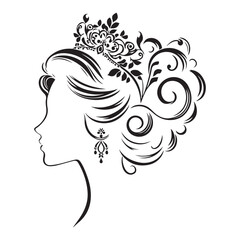 A black and white vector silhouette of a romantic cameo design with vintage charm on a white background.