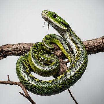 A green jungle snake coiled on a branch, white background