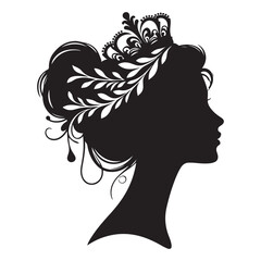A black and white vector silhouette of a romantic cameo design with vintage charm on a white background.