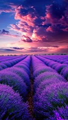 Naklejka premium Lavender field at sunset, vibrant colors, rows of purple flowers, dramatic sky