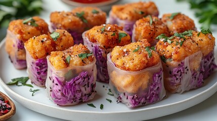 Crispy Potato Bites in Rice Paper Wraps, Purple Cabbage, Restaurant Style