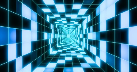 Futuristic glowing neon flashing checker floor background. Shining grid tiles inside square pipe in perspective. Bright retro digital vanishing point. 3D rendering.