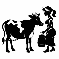 A charming storybook silhouette of a milkmaid milking her friendly cow. The figures have soft, rounded edges and a gentle, whimsical quality. Perfect for a children's illustration style