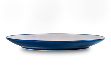 Side view of white and blue ceramic plate isolated on white background with clipping path.
