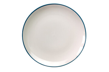 Top view of white ceramic plate with blue edge isolated on white background with clipping path.