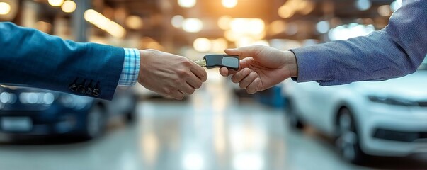 Transportation rental automotive business concept, with a rental car agent handing a car key to a client for a sightseeing trip., Generative AI